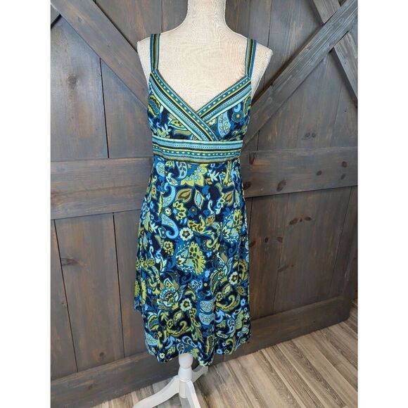 R&K Dress Women's Size 8 Blue Botanical Floral Empire Sundress Midi - Picture 1 of 10